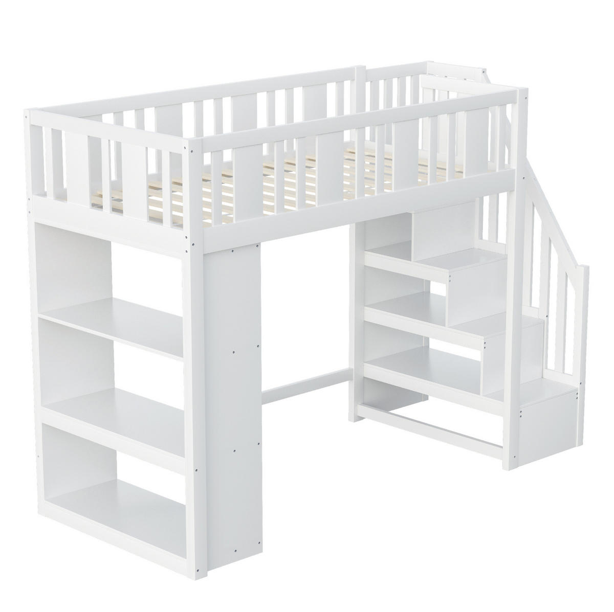 HOCHBETT 90/200 cm mit Stauraumtreppe, 3 Staufächern und Sicherheitsgeländer aus Holzwerkstoff, Weiß - Weiß, Holzwerkstoff (90/200cm) - Redom