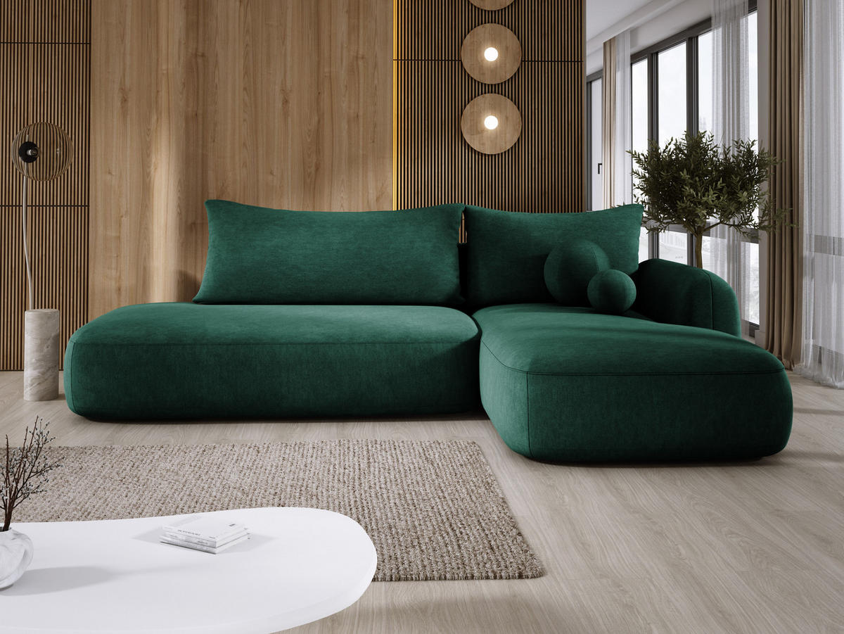ECKSOFA BABU mit Bettfunktion – Moderne Polsterecke für Wohnzimmer, Funktionales Schlafsofa im Stoff CLOUD, 300x105x60 cm, Rechte, – Grün - Jadegrün, Holz/Textil (300/190cm) - DomoHome