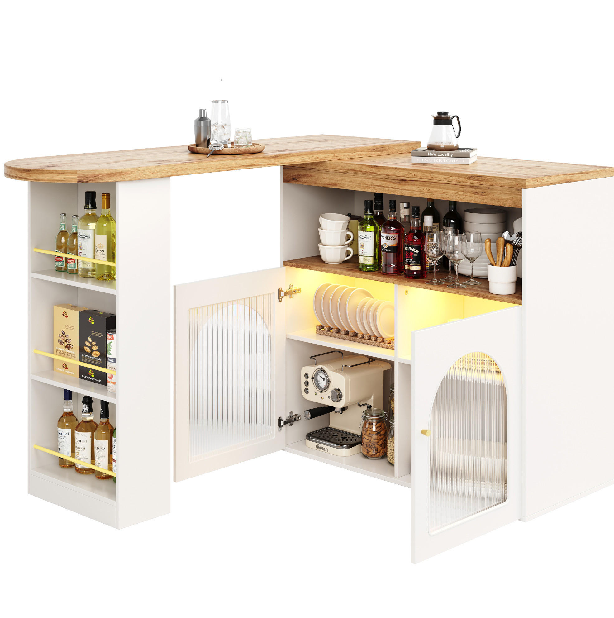 BARSKI stol 138-193/39/105 cm bijeli od MDF-a s LED rasvjetom i rotirajućim spremištem - bijela, drvni materijal (39/193/105cm) - OKWISH