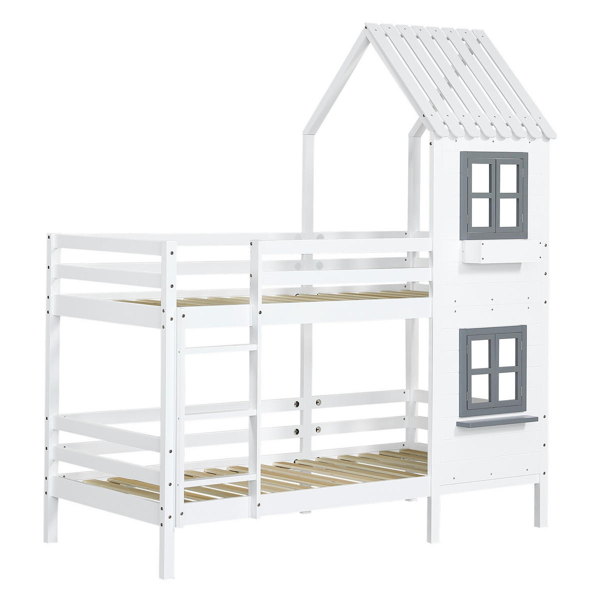 DOMČEKOVÁ posteľ z masívu a MDF, 90/200 cm biela/sivá, s oknami a zábranami - biela, kompozitné drevo (90/200cm) - BEAOK
