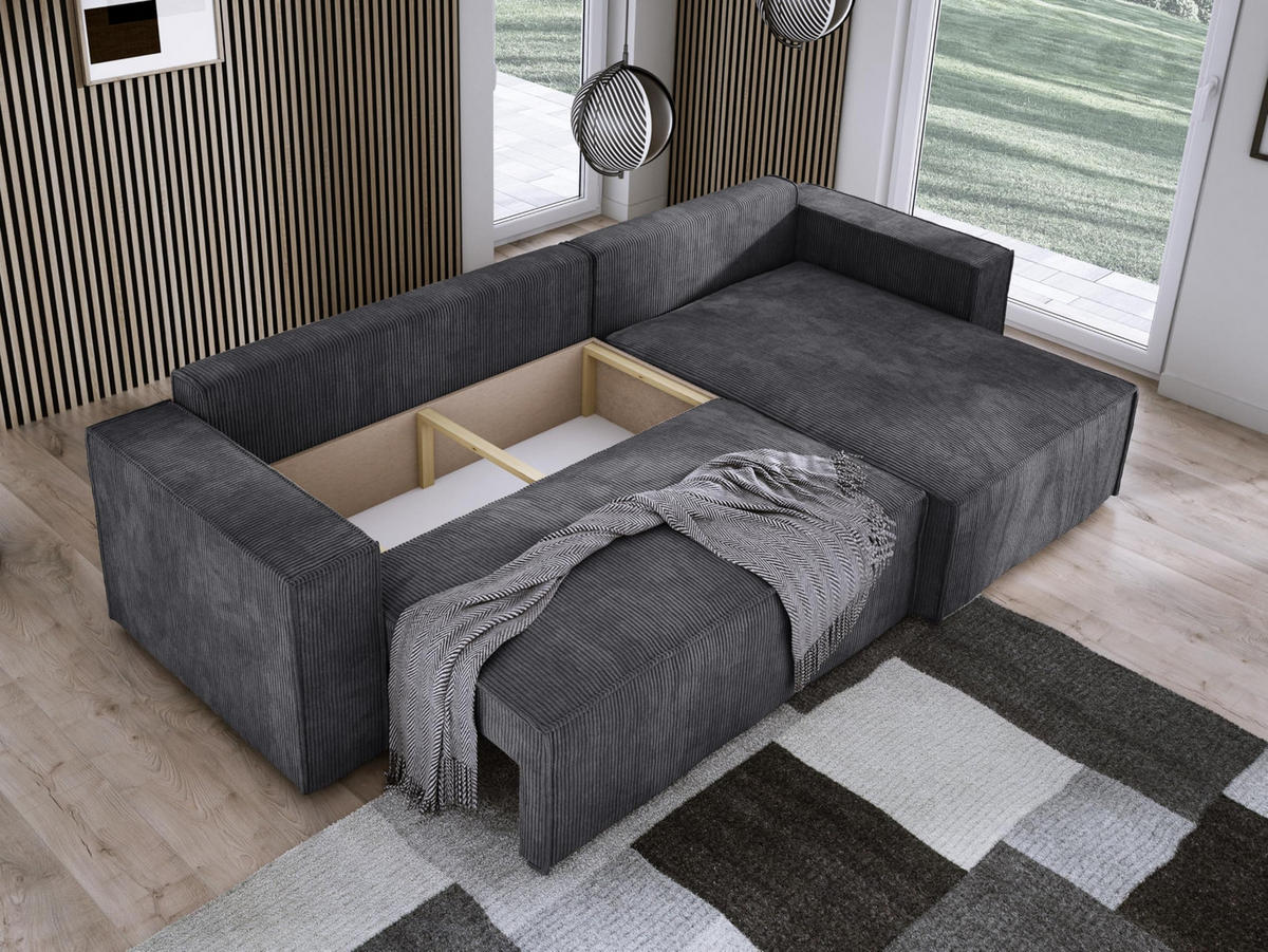 ECKSOFA POSO XL UNIVERSAL, Schlaffunktion und Lattenrost - L-Form, Cord, Federung auf Wellfedern, 274x143x83 cm, Rechts Graphite - Graphitfarben, Holz/Textil (277/143cm) - DomoHome