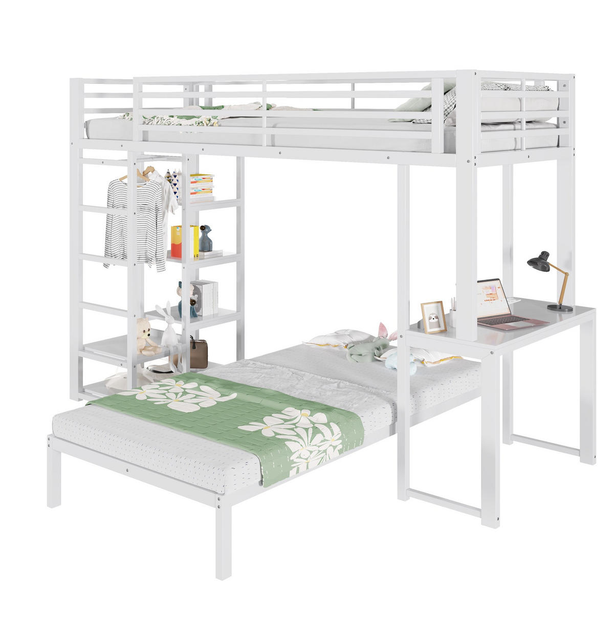 HOCHBETT 90x200 cm in Weiß mit Schreibtisch, Regalen und Kleideraufbewahrung - Weiß, Holzwerkstoff (90/200cm) - IVMEU