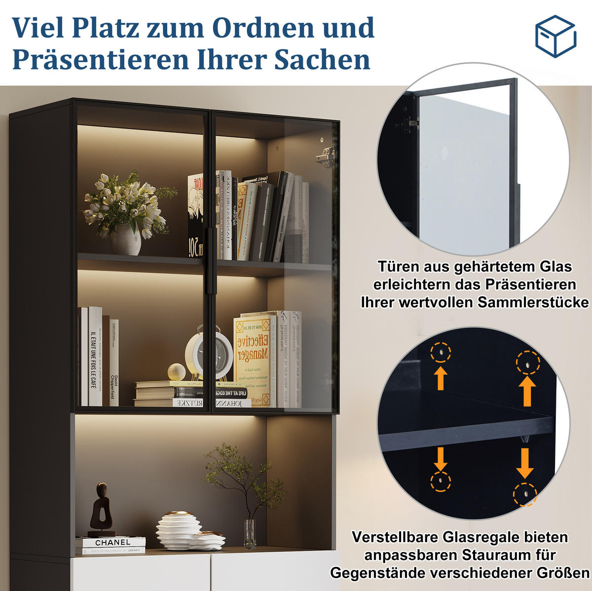 VITRINA 80/30/200 cm bijela/crna s LED osvjetljenjem i staklenim vratima - bijela, drvni materijal (80/200/30cm) - BEAOK