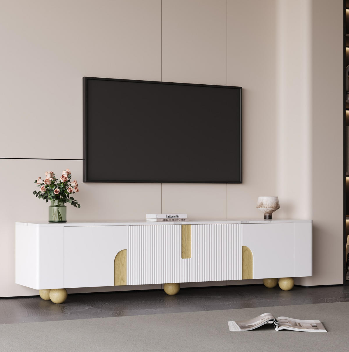 TV-SCHRANK in Weiß und Holzoptik mit 4 Türen und Marmoroptik 180/40/44 cm - Weiß, Holzwerkstoff (180/44/40cm) - Redom