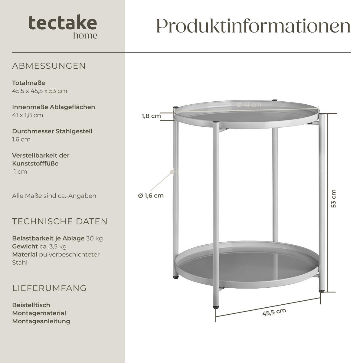BEISTELLTISCH Oxford,45,5 x 45,5 x 53 cm,grau - Grau, Metall (45.5/45.5/53cm) - tectake