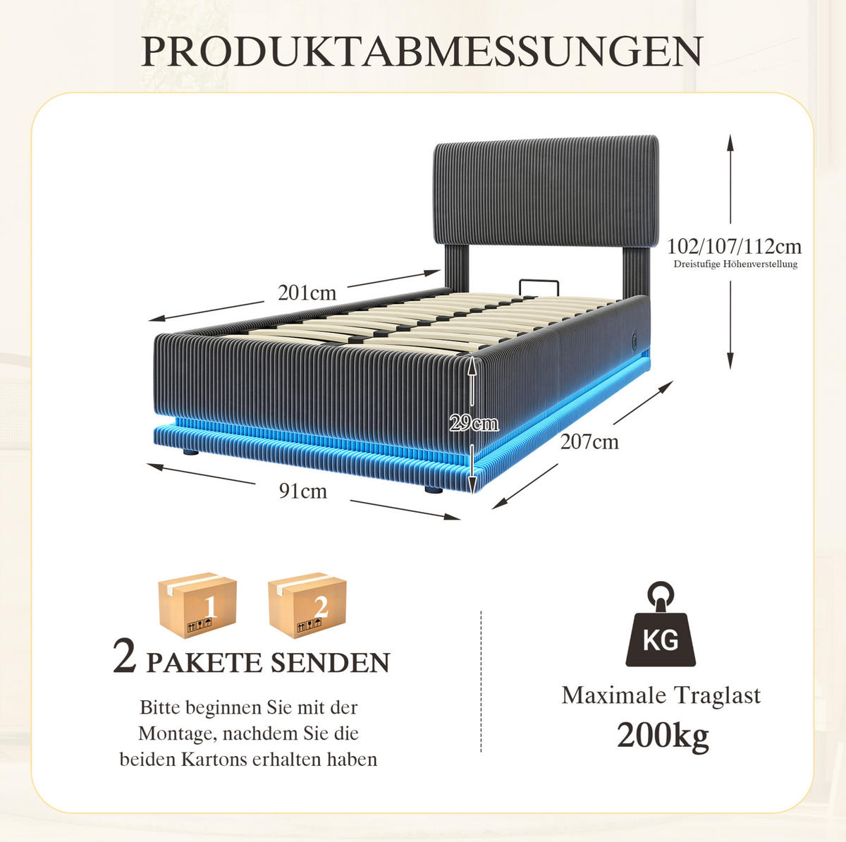 POLSTERBETT 90/200 cm mit LED-Beleuchtung, USB-C-Anschluss und Bettkasten, Dunkelgrau - Dunkelgrau, Textil (90/200cm) - Redom