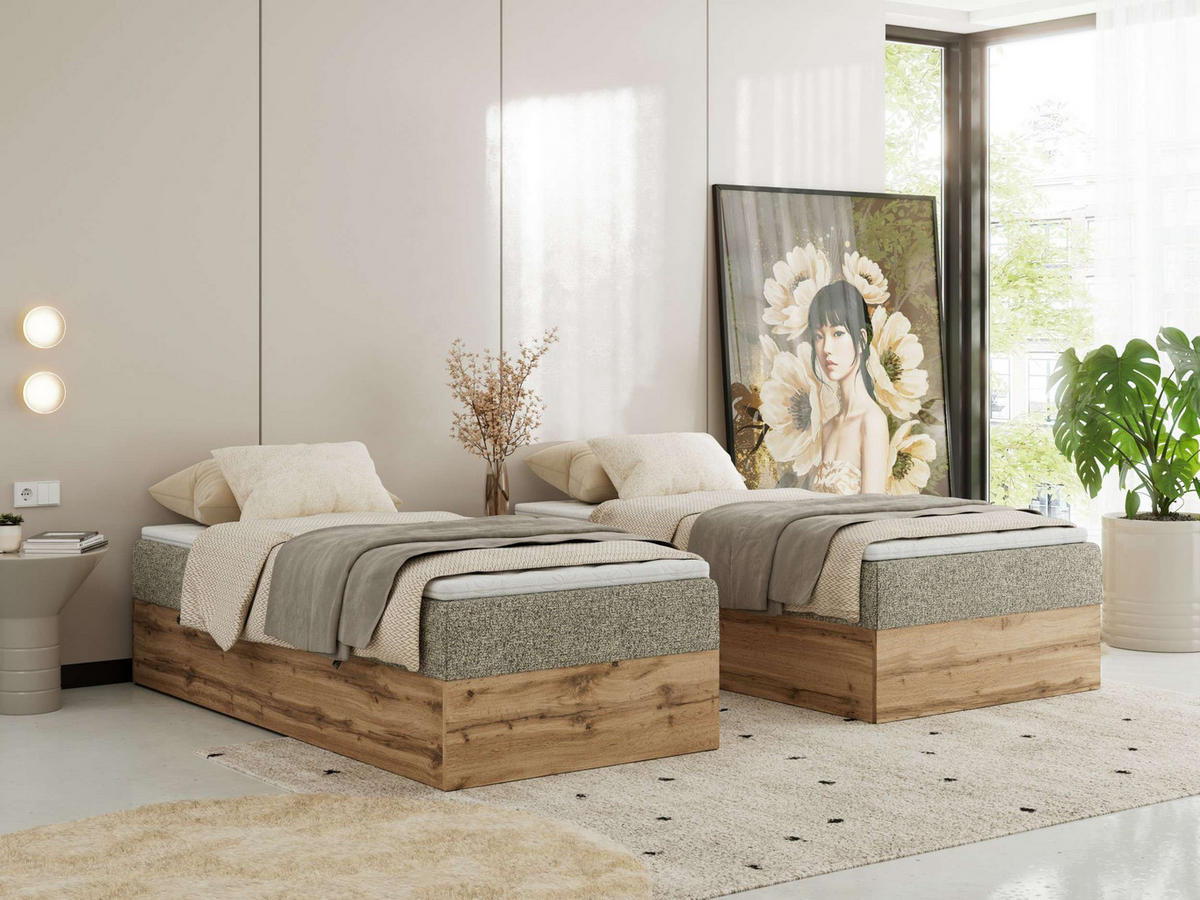 BOXBETT WOOD ZERO 90/200 - Grau Struktur - H3 - Topper T25 - Grau, Textil (90/200cm) - MKS