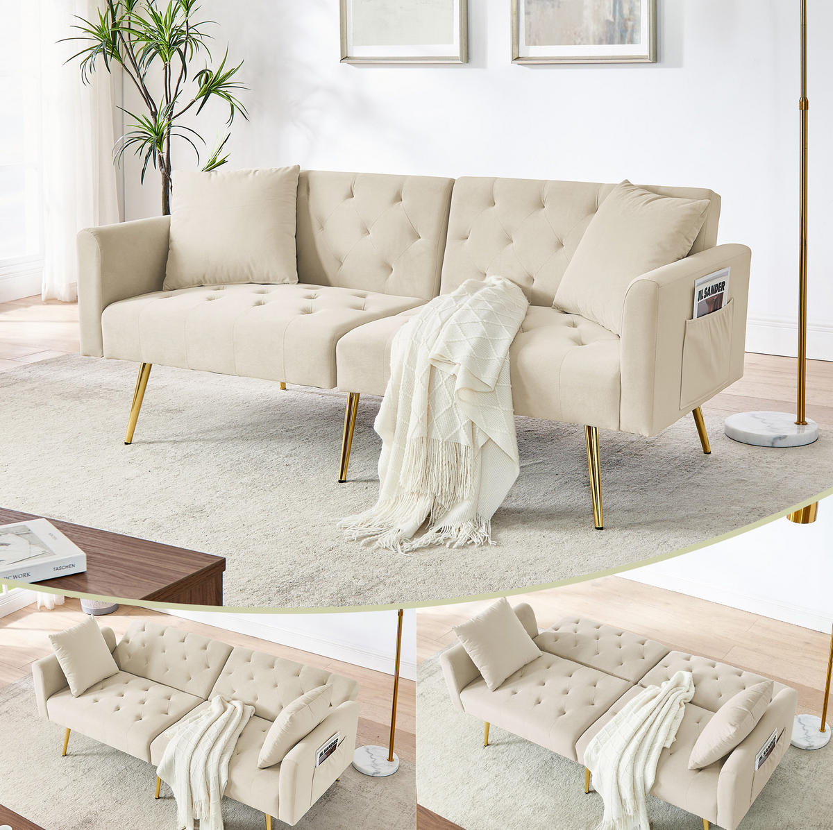 SOFA mit verstellbarer Rückenlehne 2-Sitzer Beige Samt - Beige, Holzwerkstoff (177/74/78cm) - Meubliv