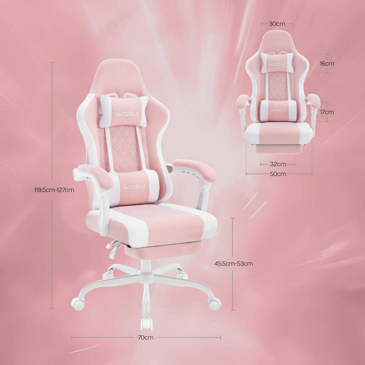 GAMINGSTUHL mit Massagefunktion, Netzstoff, Rosa+Weiß - Weiß/Rosa, Textil/Metall (70/127/70cm) - Woltu
