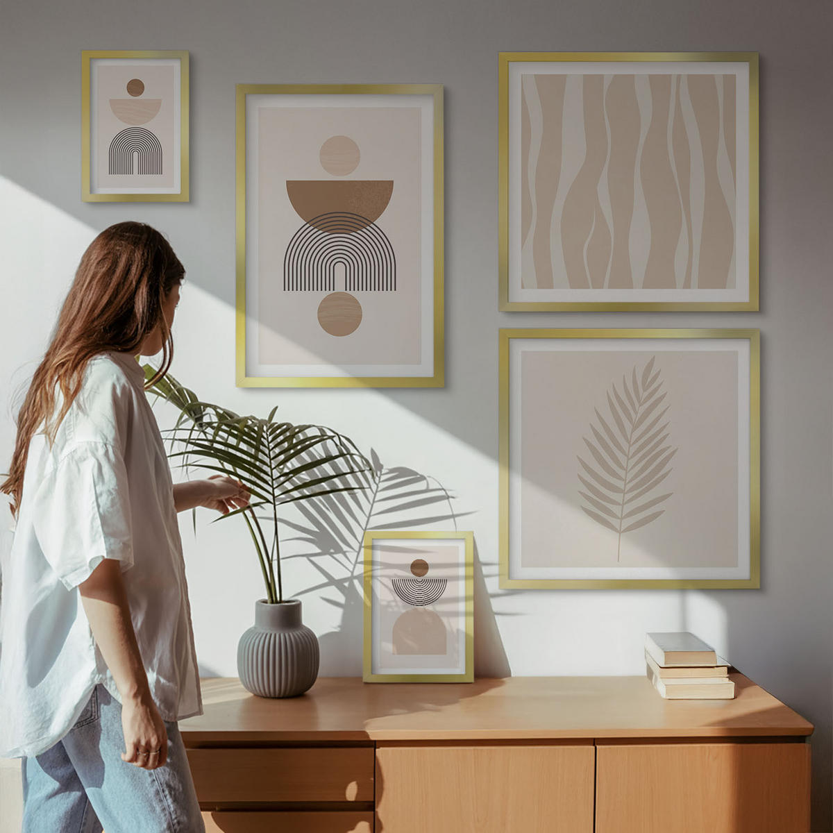 WANDBILDER 5er Set - 50x50 cm & 20x30 cm & 40x60 cm Goldrahmen - Abstrakte Formen braun beige - Goldfarben, Kunststoff (40/60cm) - ArtPrintCave