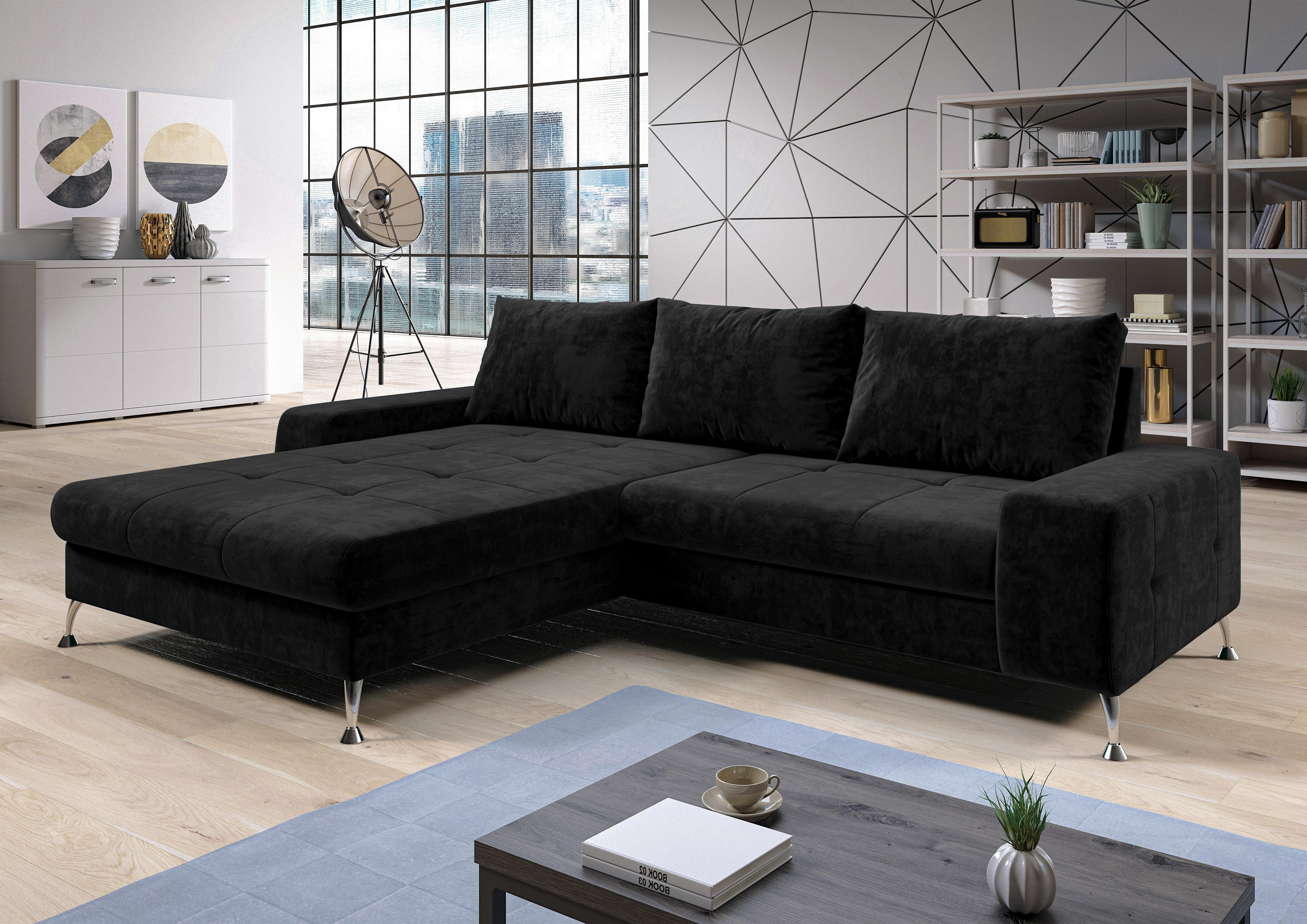 ECKSOFA L Form Artemia Schwarz Samt 275/210/81 cm – modernes Sofa fürs Wohnzimmer L - Silberfarben/Schwarz, Textil/Metall (210/275cm) - AX Living