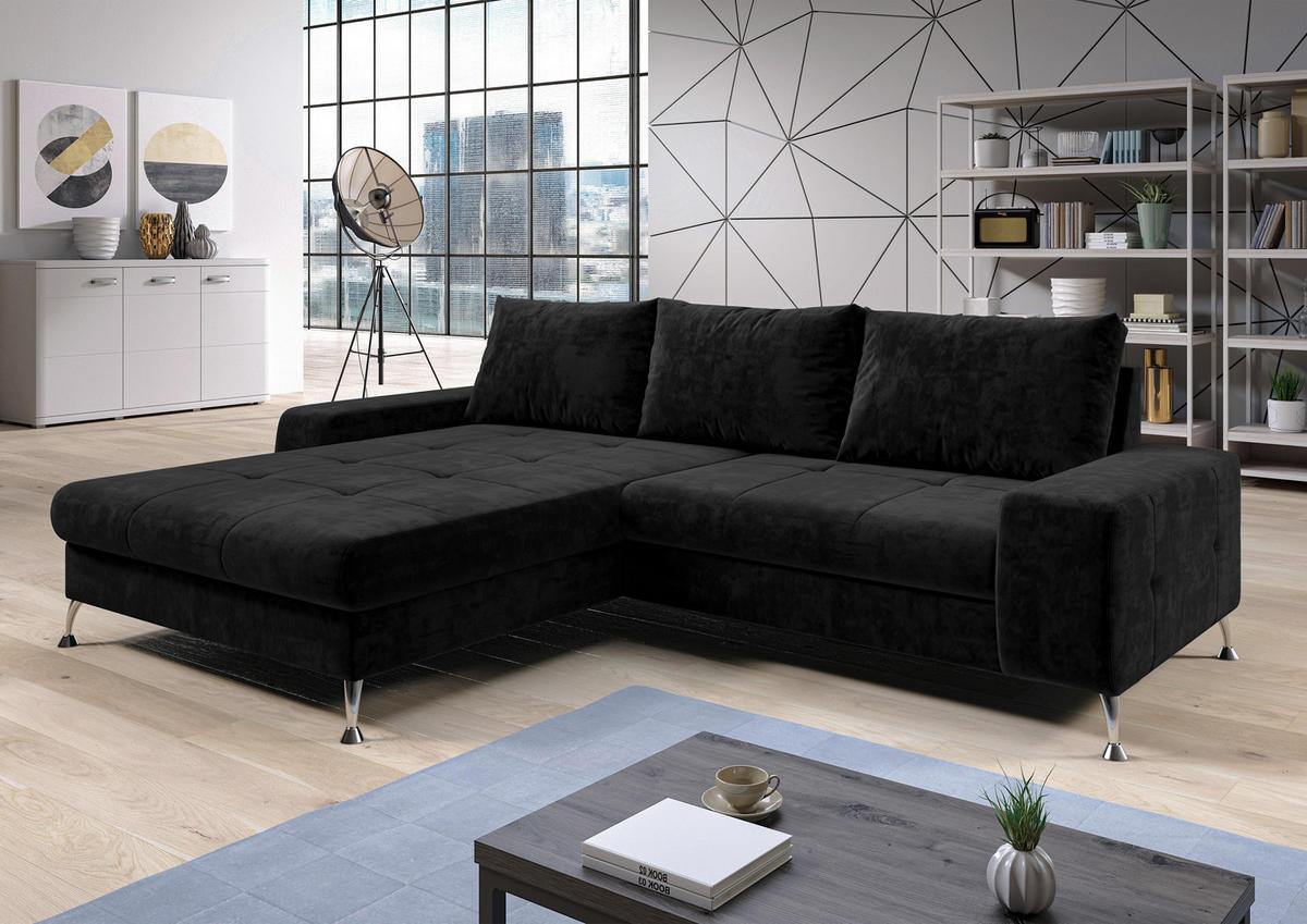 ECKSOFA L Form Artemia Schwarz Samt 275/210/81 cm – modernes Sofa fürs Wohnzimmer L - Silberfarben/Schwarz, Textil/Metall (210/275cm) - AX Living