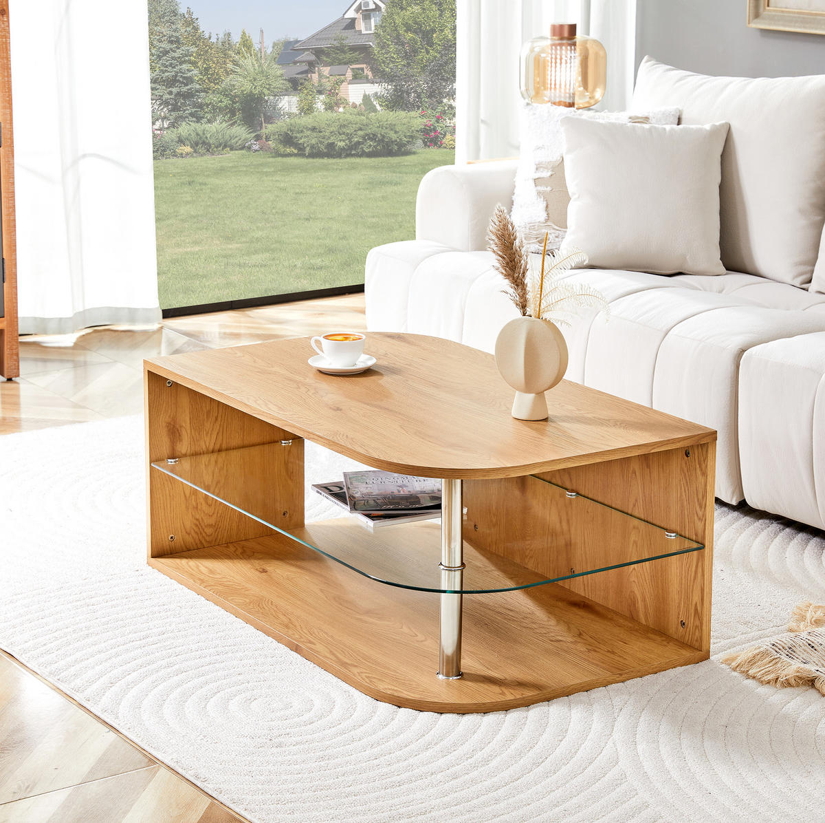 COUCHTISCH 100/60/42 cm mit Stauraum und Glasablage in skandinavischem Design, Naturholz - Naturfarben, Holzwerkstoff (100/60/42cm) - Redom