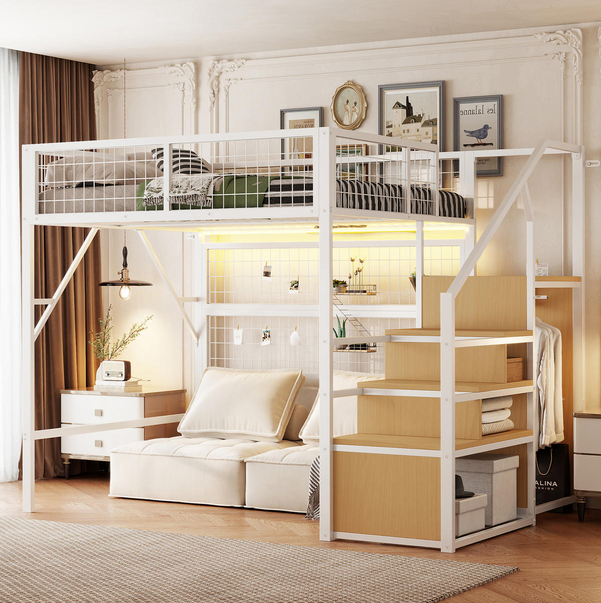 VYSOKÁ postel 255/145/170 cm bílá s LED osvětlením a úložnými schody z kovu a MDF - bílá, kov (140/200cm) - OKWISH