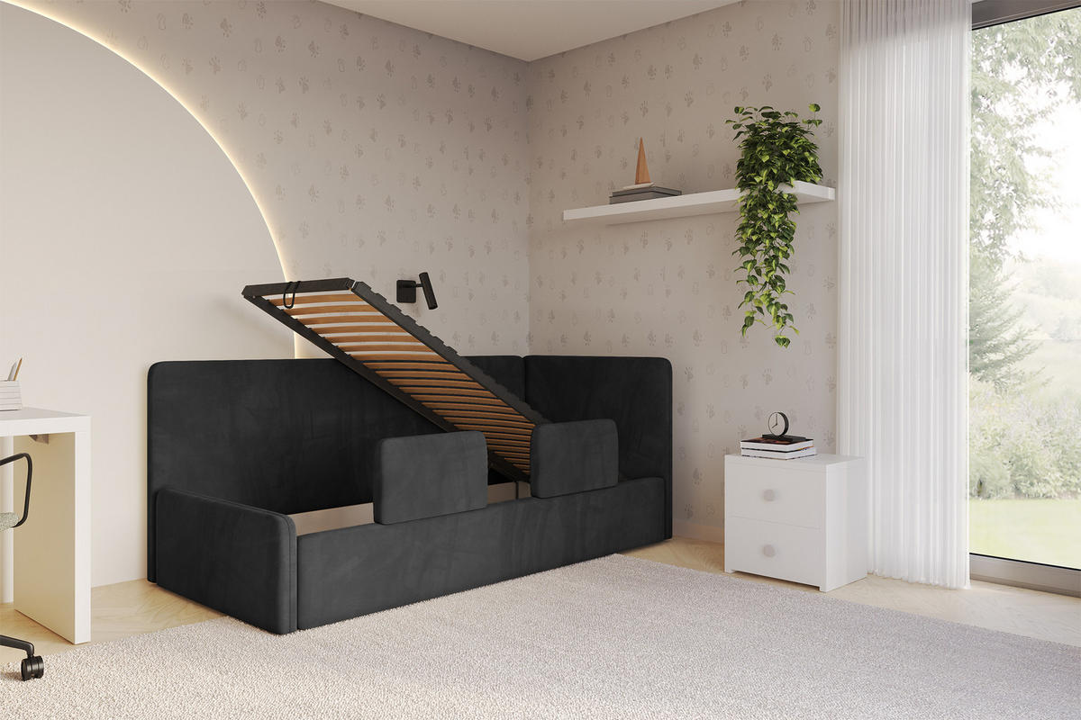 EINZELLBETT Jugendbett mit Bettkasten, Links - NORY 80x200 Schwarz - Schwarz, Holzwerkstoff/Textil (80/200cm) - ALTDECOR