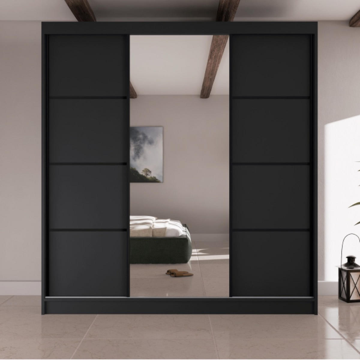 SCHRANK Schwarz Filo V200 Mit Spiegel Und Schwarzen Sprossen - Transparent/Schwarz, Holzwerkstoff (200/215/61cm) - Sepro Meble