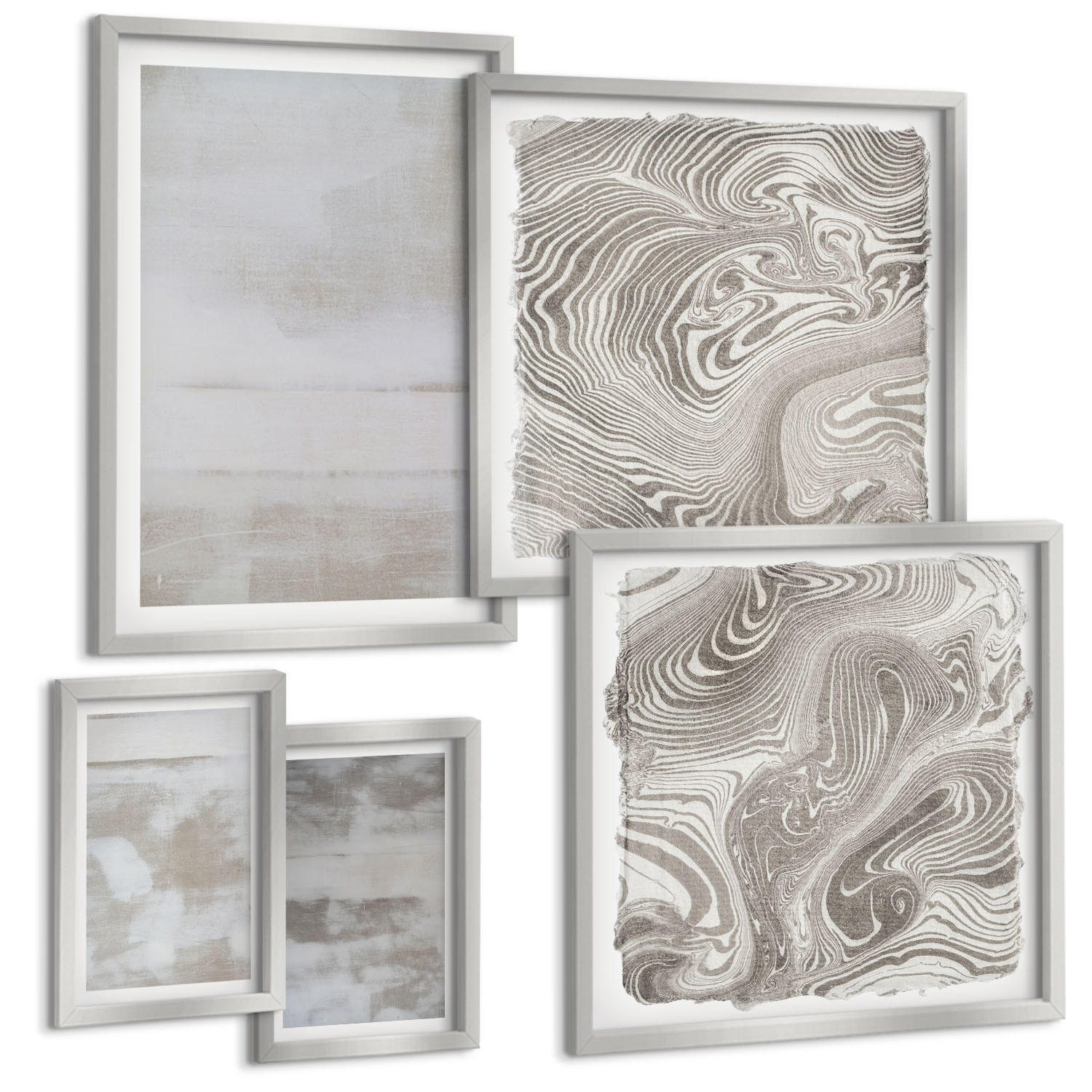 BILDER SET 5er Set - 50x50 cm & 20x30 cm & 40x60 cm Silberner Rahmen - Abgenutzte Texturen, moderner Stil - Silberfarben, Kunststoff (40/60cm) - TULUP