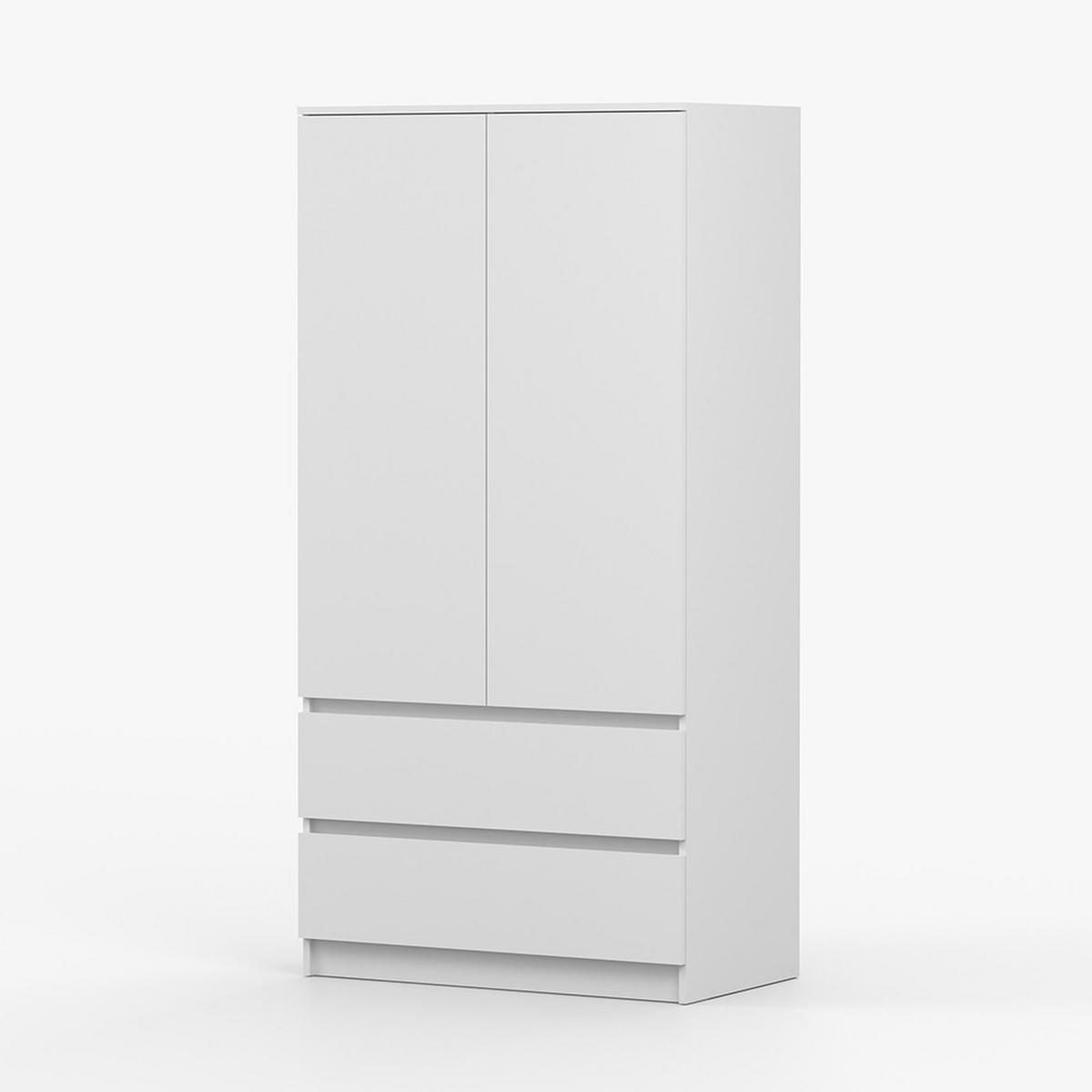 DREHTÜRENSCHRANK SOLO 2D2S, Schlafzimmer, Kleiderschrank Schrank 90 cm Weiß/Weiß, 2-türig, zwei Schubladen, grifflos - Weiß, Holzwerkstoff (90/180/50cm) - imoebel24