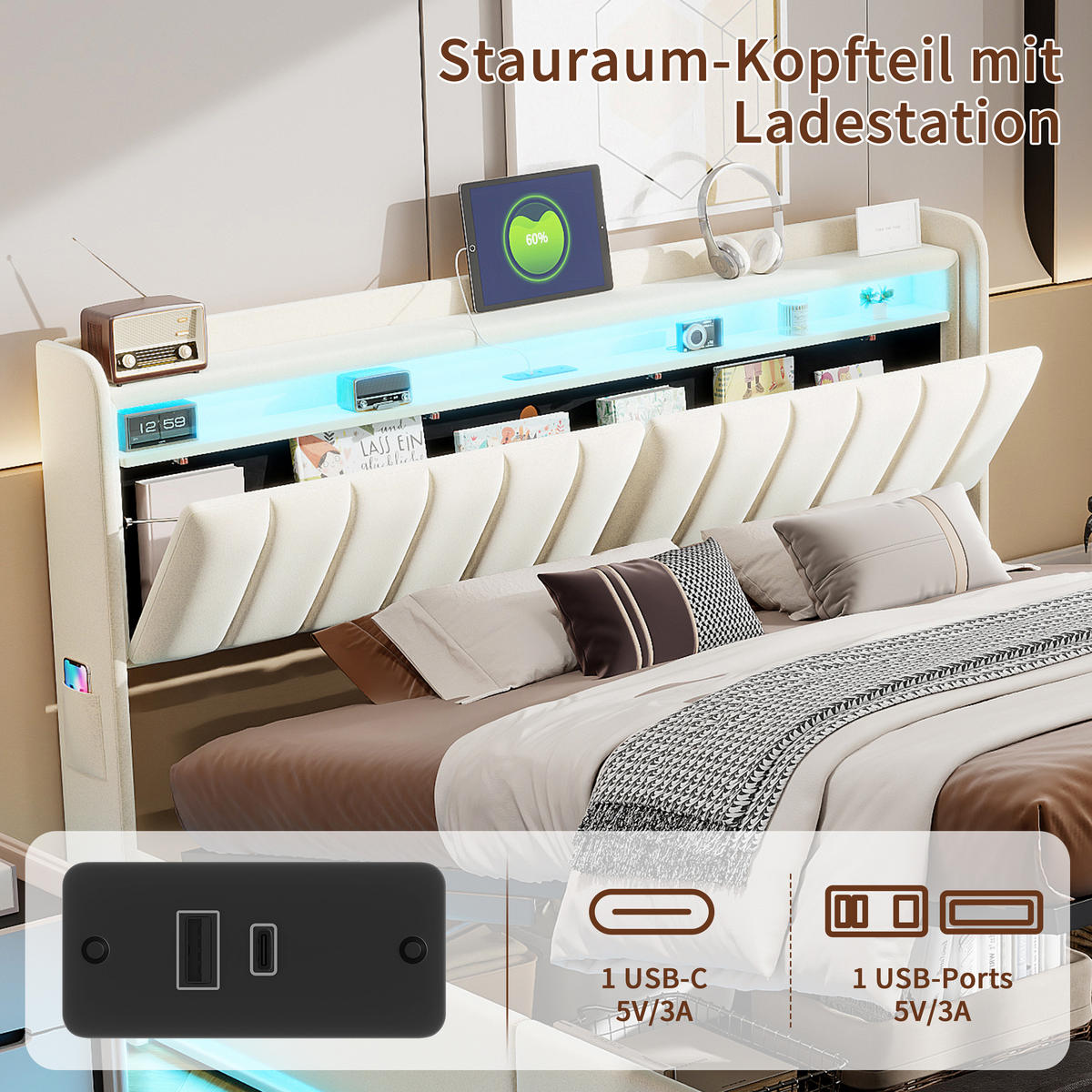 POLSTERBETT 160x200 cm mit LED, USB Und Type-C, Doppelbett mit Bettkasten 160x200, Stauraum, Beige Samt - Beige, Textil/Metall (160/200cm) - GENKI LIVING
