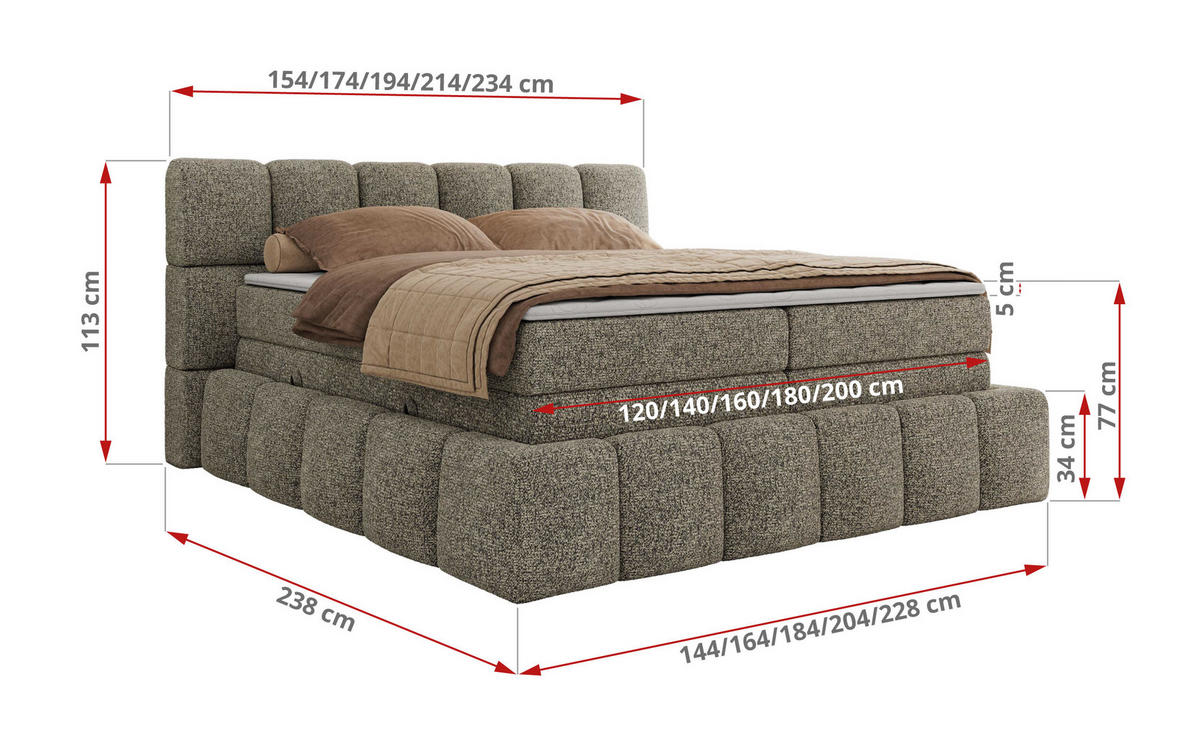 BOXSPRINGBETT NIRA KING 140/200 Grau Strukture - H3 - Grau, Holz/Textil (140/200cm) - MKS