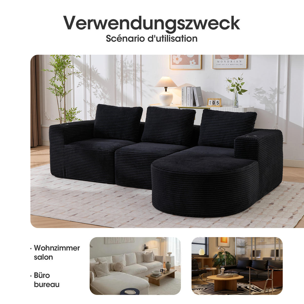 ECKSOFA Cord Schwarz mit 3 Kissen und 2 Becherhaltern - Schwarz, Textil (265/176cm) - WISHDOR