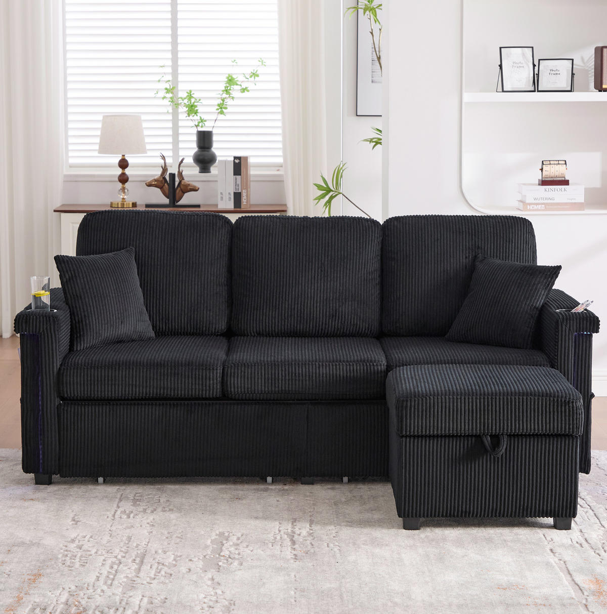 SOFA mit LED und USB/Type-C ca. 194 x 73 x 81 cm Corduroy Schwarz - Schwarz, Kunststoff (194/81/73cm) - Meubliv