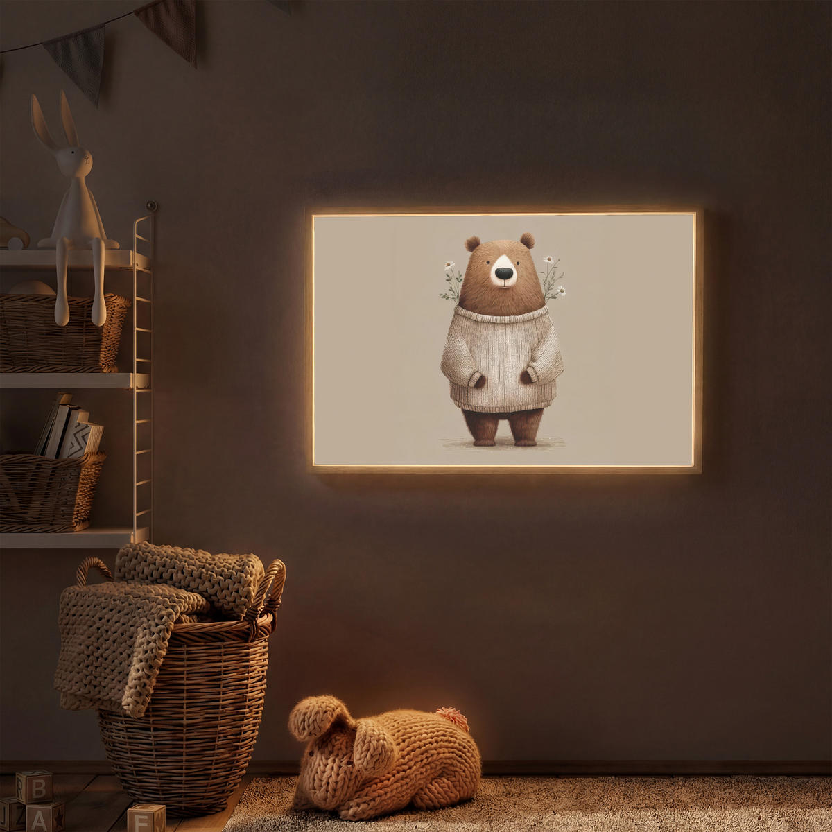 NÁSTĚNNÁ LAMPA S AKUMULÁTOREM Medvěd - Bílé květy - Cosy 90x60 cm - šedohnědá, kompozitní dřevo (90/60/8cm) - OnlyWow