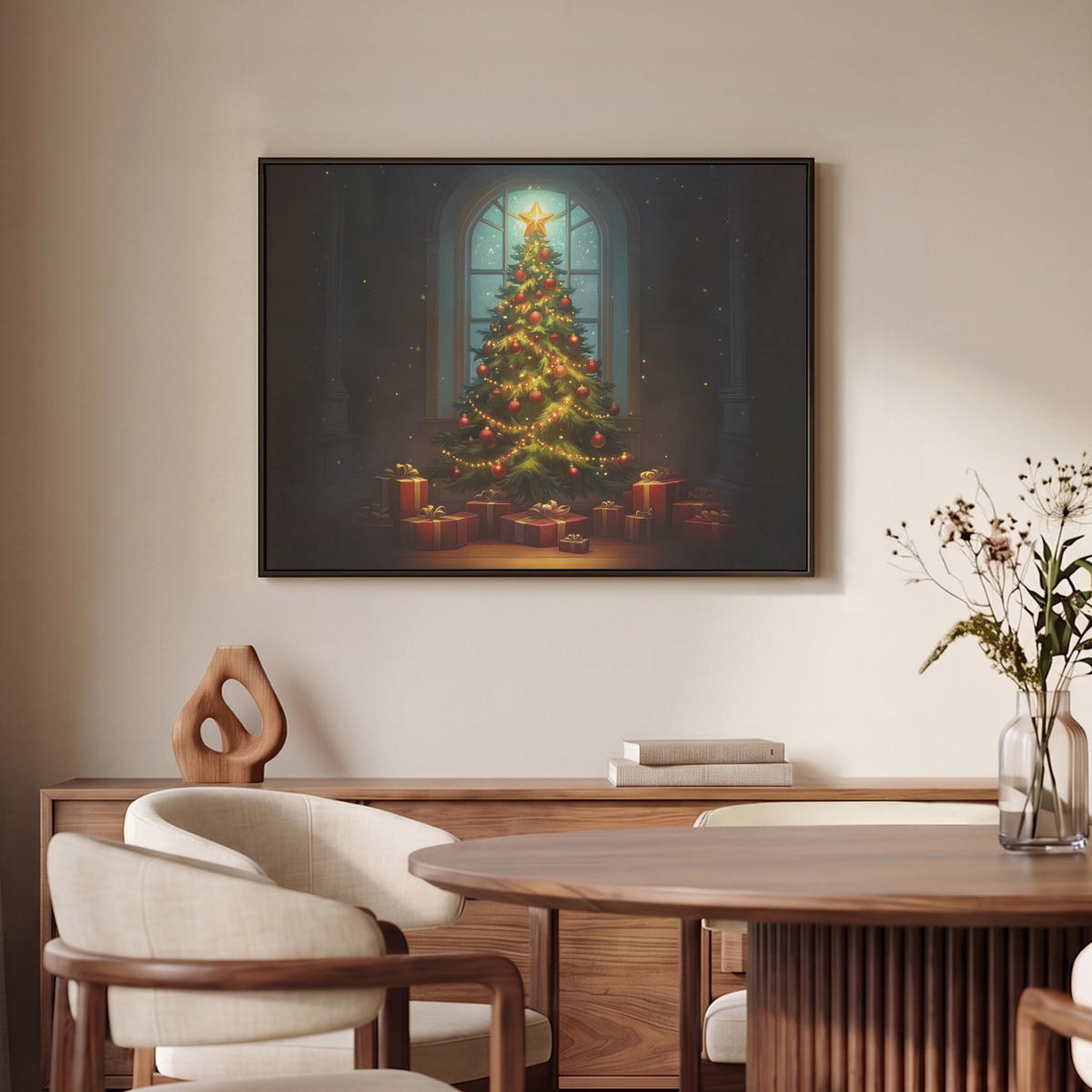 LEINWAND Bilder mit Rahmen - Weihnachtsbaum - Geschenk - Winter - 80x60 - Grün, Textil (80/60cm) - MuchoWow
