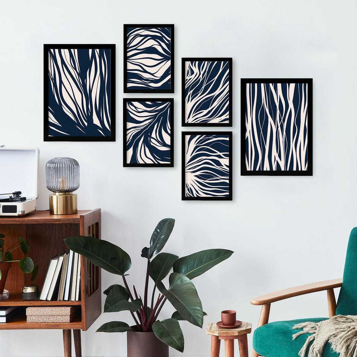 POSTER Set Mit 6 Zweigmuster In Abstrakter Form Ästhetische Dekodrucke Für Ihr Wohnzimmer, Schlafzimmer Oder Zuhause A3 & A4 Schwarzer Rahmen - Schwarz, Papier (29/3cm) - Nacnic