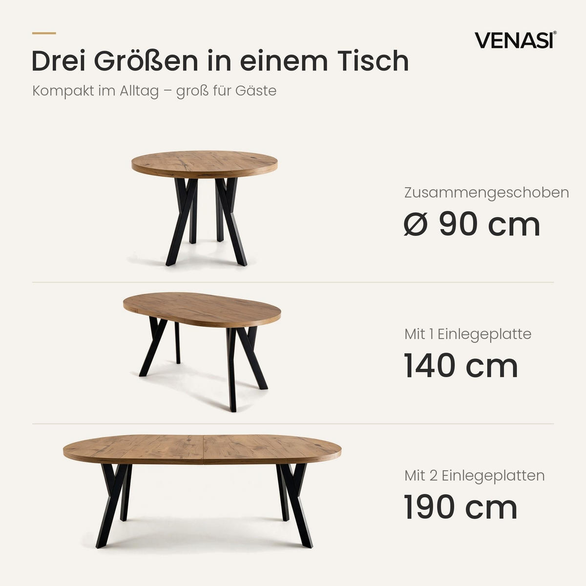 ESSTISCH ausziehbar rund 90-190 cm ATO Lancelot, Auszugstisch mit Einlegeplatte - Honigeiche/Schwarz, Holzwerkstoff (90/90/77cm) - VENASI MÖBEL
