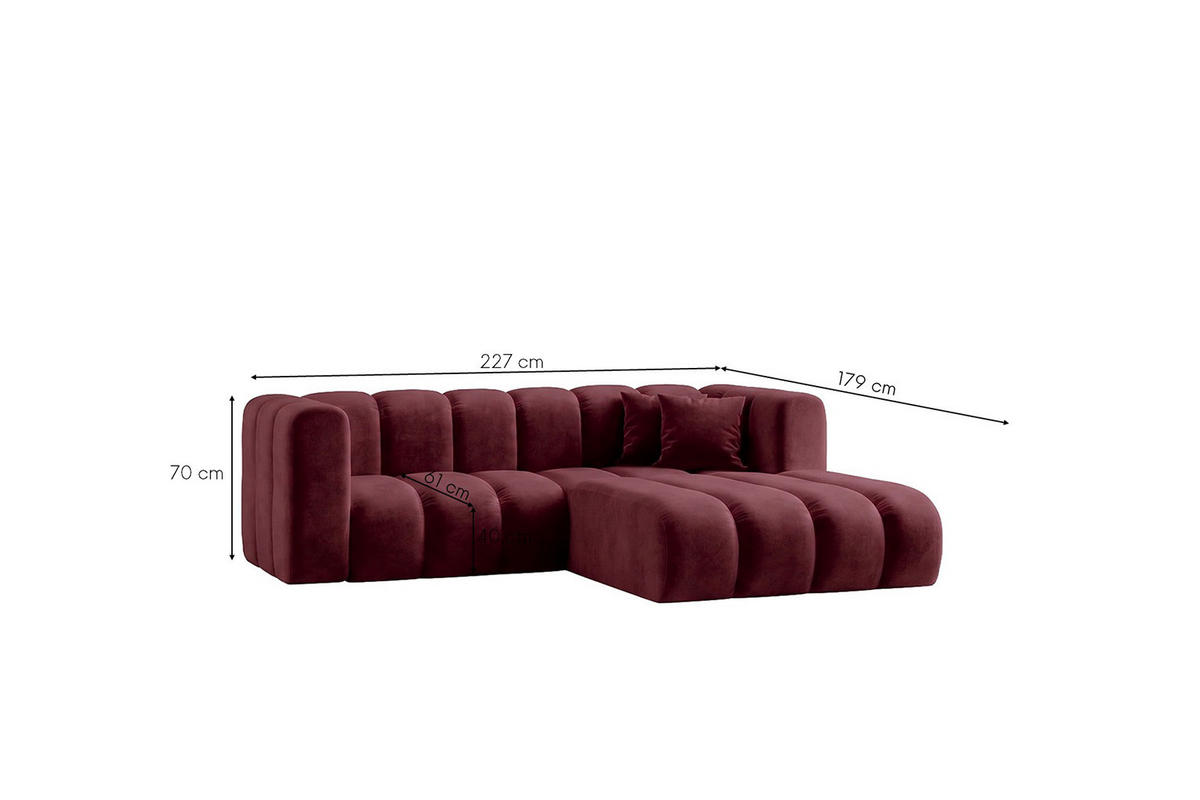 ECKSOFA Modulares In L-Form, Velvet-Stoff Riviera, Rotwein, Rechts, GRAND - Dunkelrot, Holz (227/179cm) - Kaiser Möbel