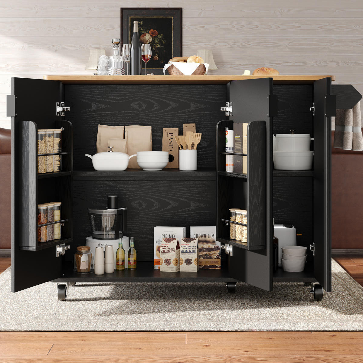 KÜCHENINSEL aus MDF 130x45(75)x92 cm Schwarz mit klappbarer Arbeitsplatte, 5 Rollen und verstellbaren Einlegeböden - Schwarz, Holzwerkstoff (130/92/45cm) - Modfu