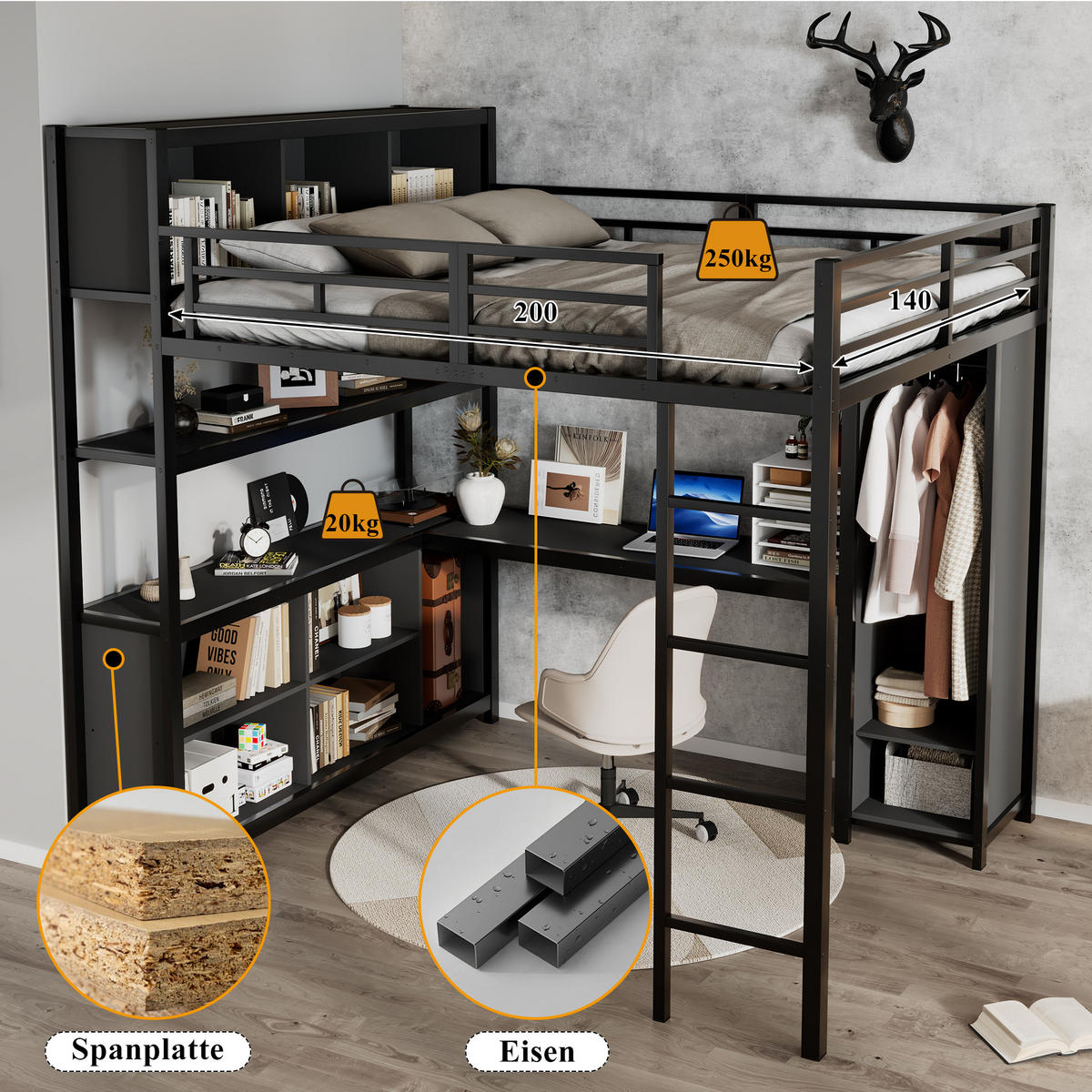 HOCHBETT 140x200 cm Schreibtisch Schrank schwarz - Schwarz, Metall (140/200cm) - LEBENLANG