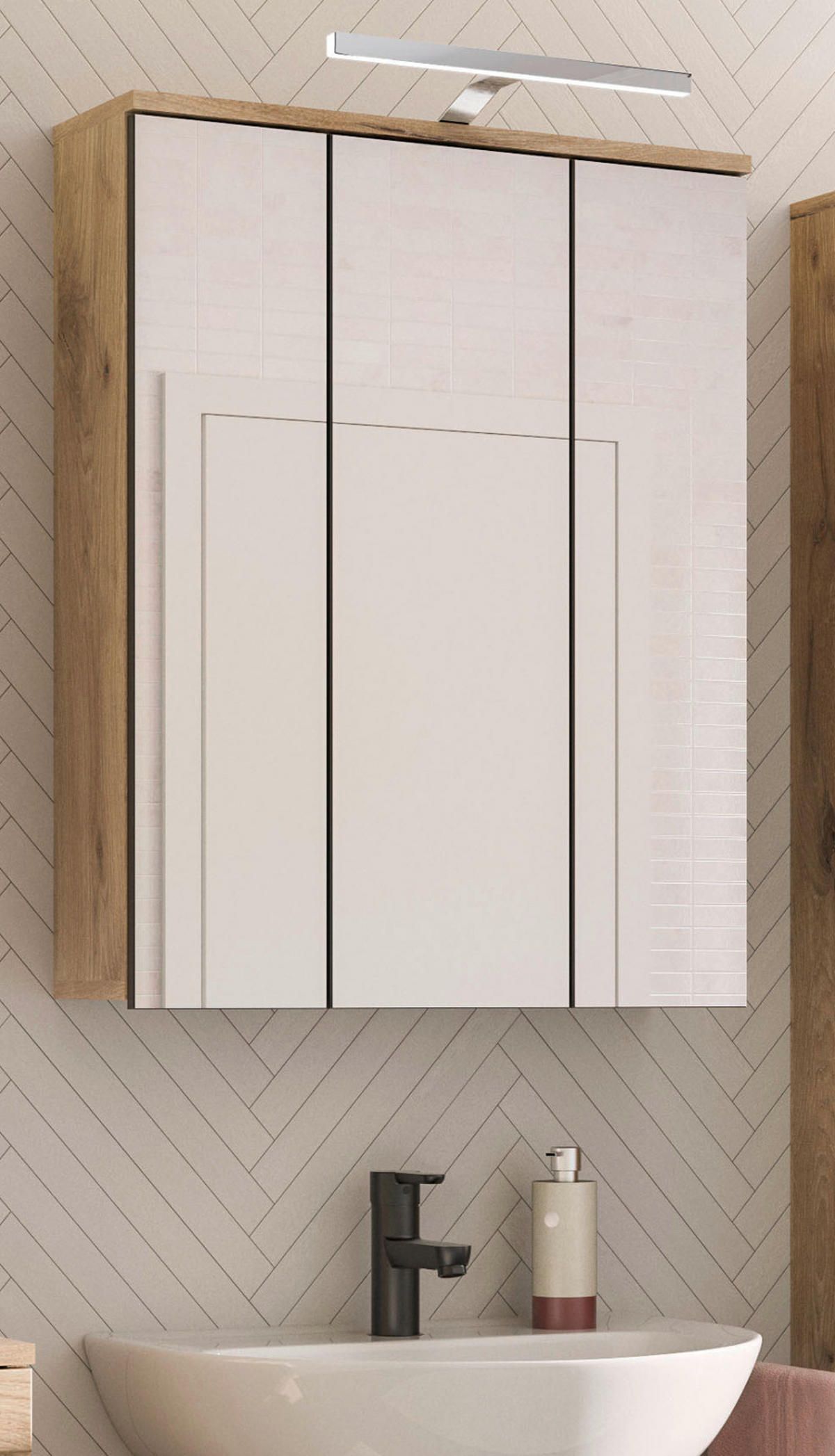 SPIEGELSCHRANK Eiche 60 cm Badschrank 3-türig, Badezimmermöbel - Eichefarben, Glas/Holzwerkstoff (60/77/18cm) - Inn.Furn