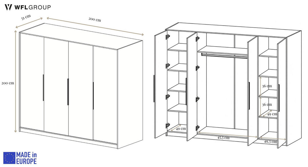 KLEIDERSCHRANK Mono Bis im Skandi-Stil, Drehtüren mit Goldene Metallgriffe, Schwarz 200/200/51 cm - Goldfarben/Schwarz, Holzwerkstoff (200/200/51cm) - WFL GROUP