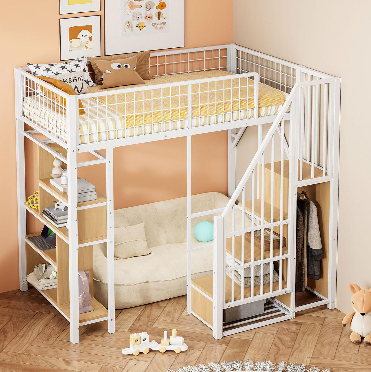 HOCHBETT 90/200 cm in Weiß – mit Stauraumtreppe und offenem Unterbau - Weiß, Metall (90/200cm) - BEAOK