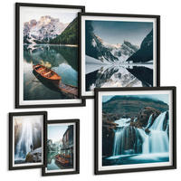 BILDER SET 5er Set - 50x50 cm & 20x30 cm & 40x60 cm Schwarzer Rahmen - Spiegelung der Boote auf Bergseen - Schwarz, Kunststoff (40/60cm) - TULUP