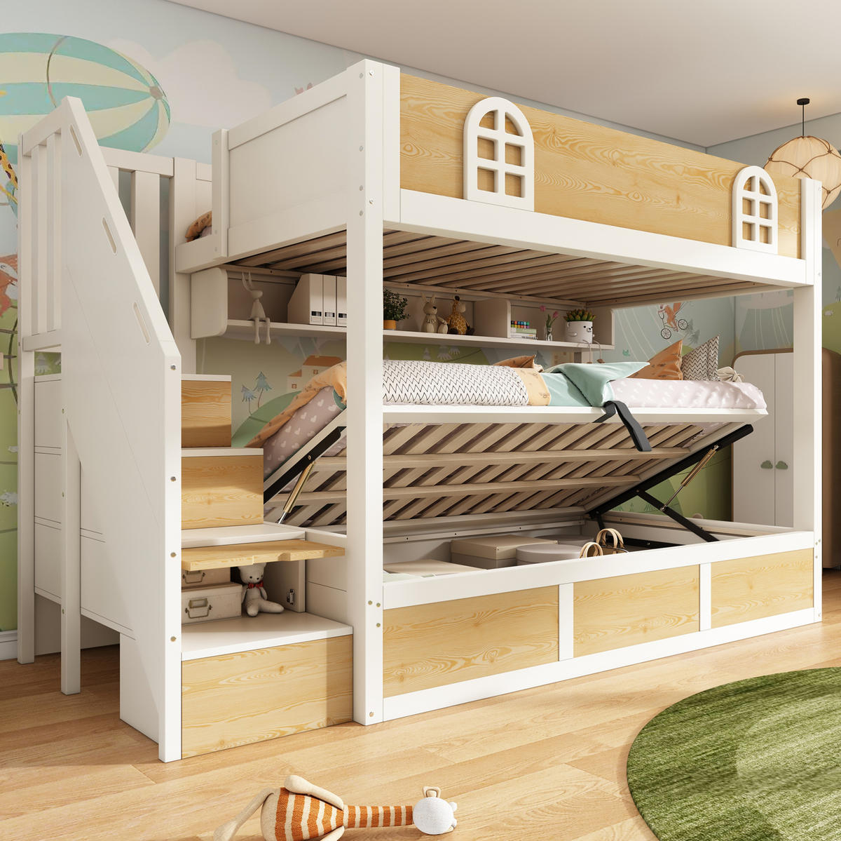 ETAGENBETT 90/200 cm in Weiß/Natur mit Treppenschrank und Stauraum - Naturfarben, Holzwerkstoff (90/200cm) - BEAOK