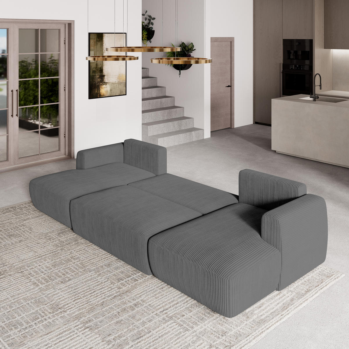 WOHNLANDSCHAFT SENTUM P Grau Kordstoff mit Schlaffunktion - Grau, Holz (330/90/148cm) - MASSENO