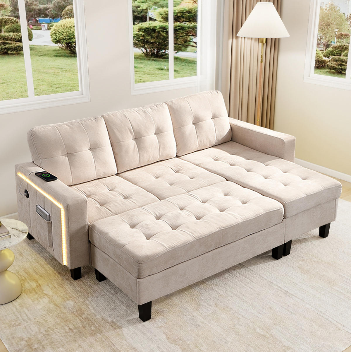 ECKSOFA 185/135/85 cm beige aus Chenille mit LED, USB und Fußhocker - Beige, Kunststoff (135/185cm) - OKWISH