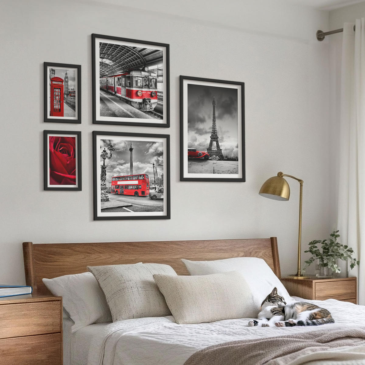 BILDER SET 5er Set - 50x50 cm & 20x30 cm & 40x60 cm Schwarzer Rahmen - Ikonische Städte London Paris Eisenbahn - Schwarz, Kunststoff (40/60cm) - TULUP