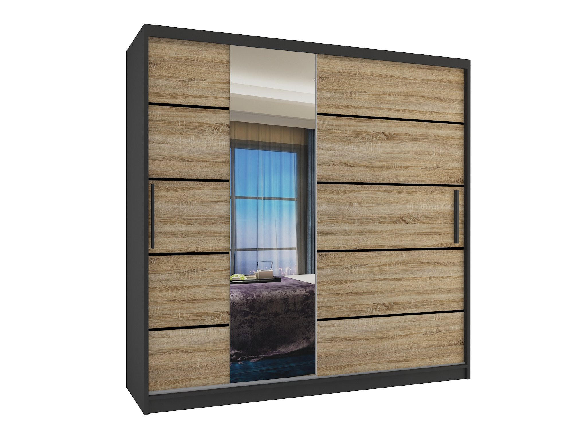 B BELINI GROUP POSUVNÁ SKŘÍŇ Verona MBP, Černá/Dub Sonoma Mat, 200 cm, se zrcadlem