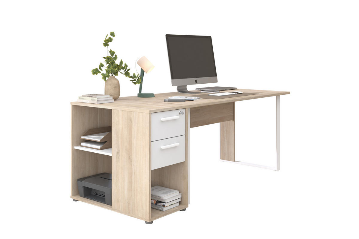 SCHREIBTISCH Büro Start Up 11 in Weiß und Japanischer Eiche – Schreibtisch mit Container - Braun, Holzwerkstoff (120/80/200cm)