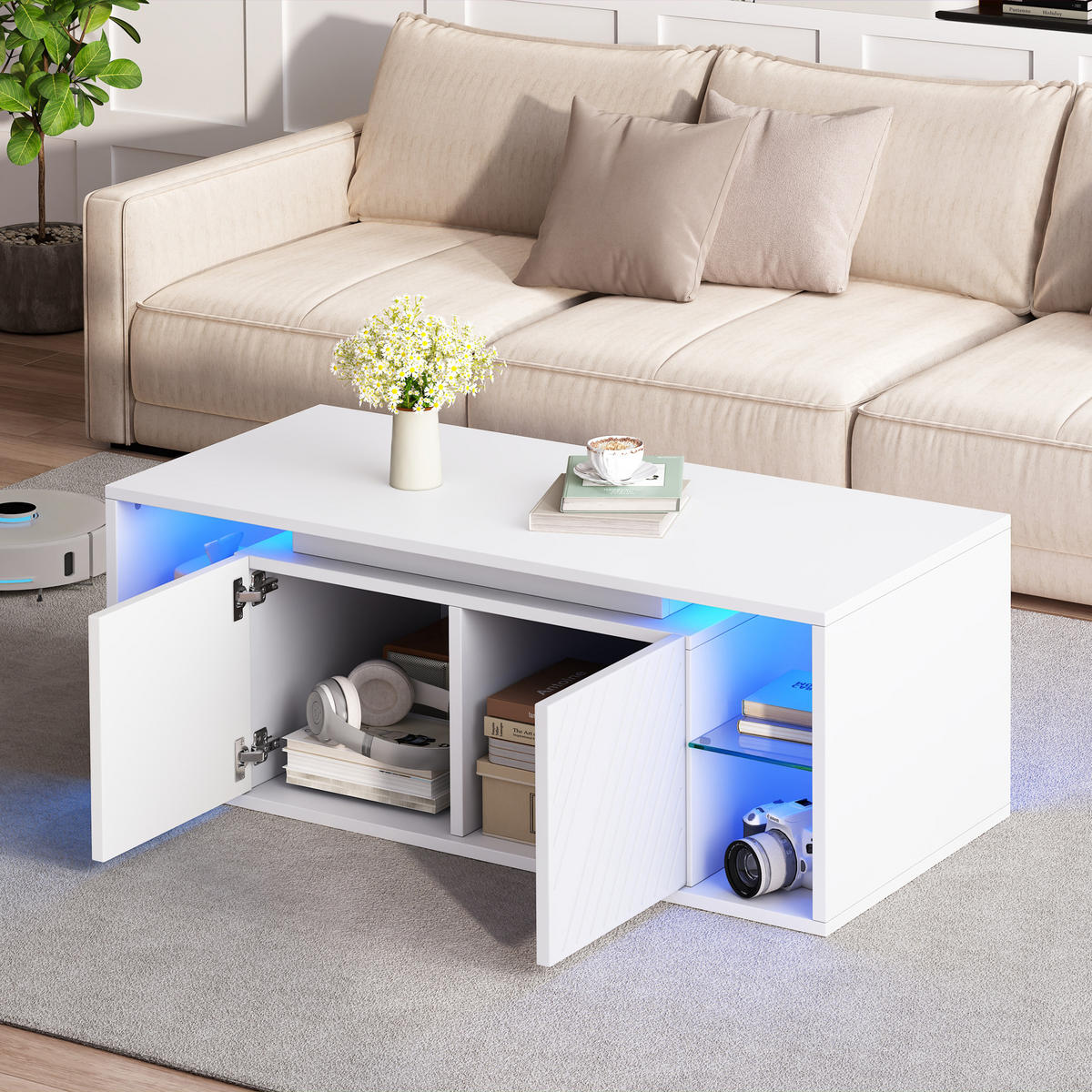 COUCHTISCH Weiß mit LED und 2 Türen 100/50/41 cm - Weiß, Holzwerkstoff (100/50/41cm)