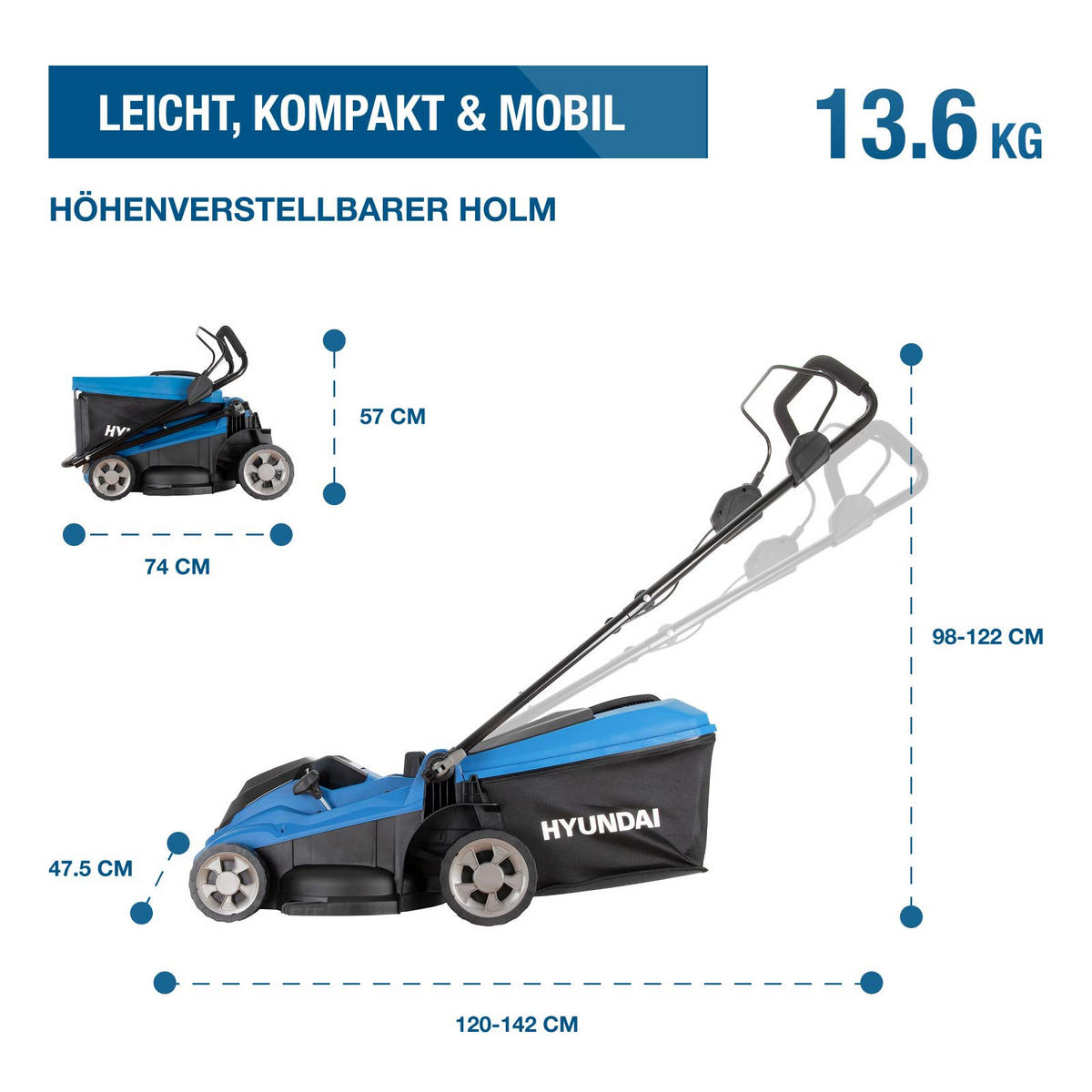40V Akku-Rasenmäher Brushless – 37 cm Schnittbreite, inkl. 2 x 4.0Ah Akku & Ladegerät – 40L Korb - Blau, Kunststoff (38.6/101/120.5cm) - HYUNDAI