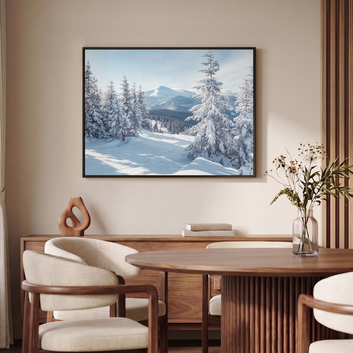 LEINWAND Bilder mit Rahmen - Winterlandschaft - Natur - Berge - Bäume - Schnee - 100x70 - Hellblau, Textil (100/70cm) - MuchoWow