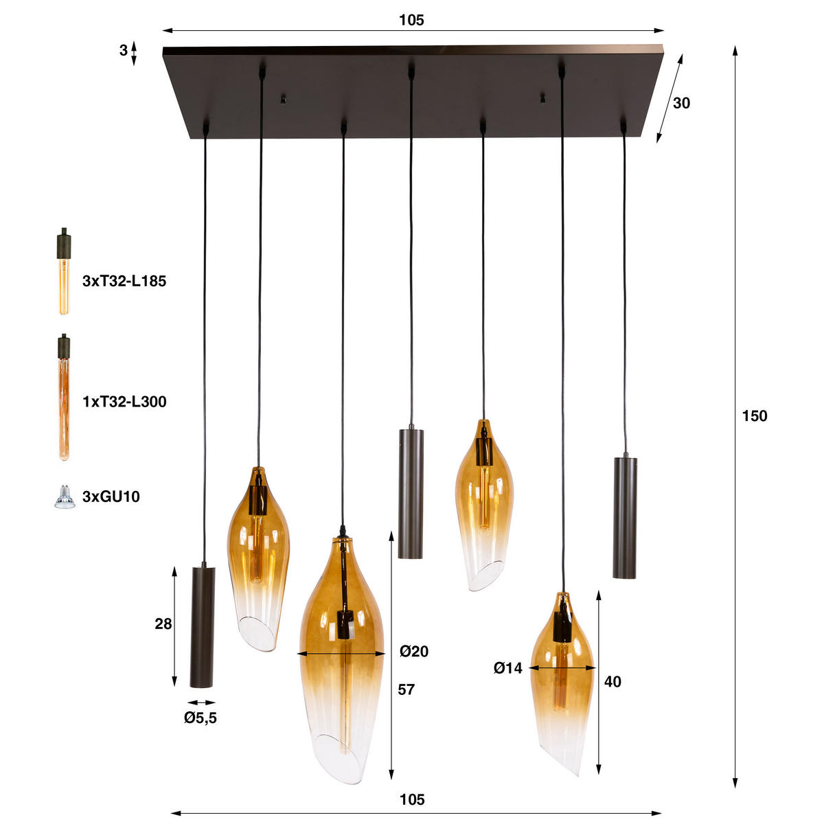 HÄNGELEUCHTE Cocoon Braun 40/105/150 cm - Braun, Glas (40/105/150cm) - Hoyz Collection
