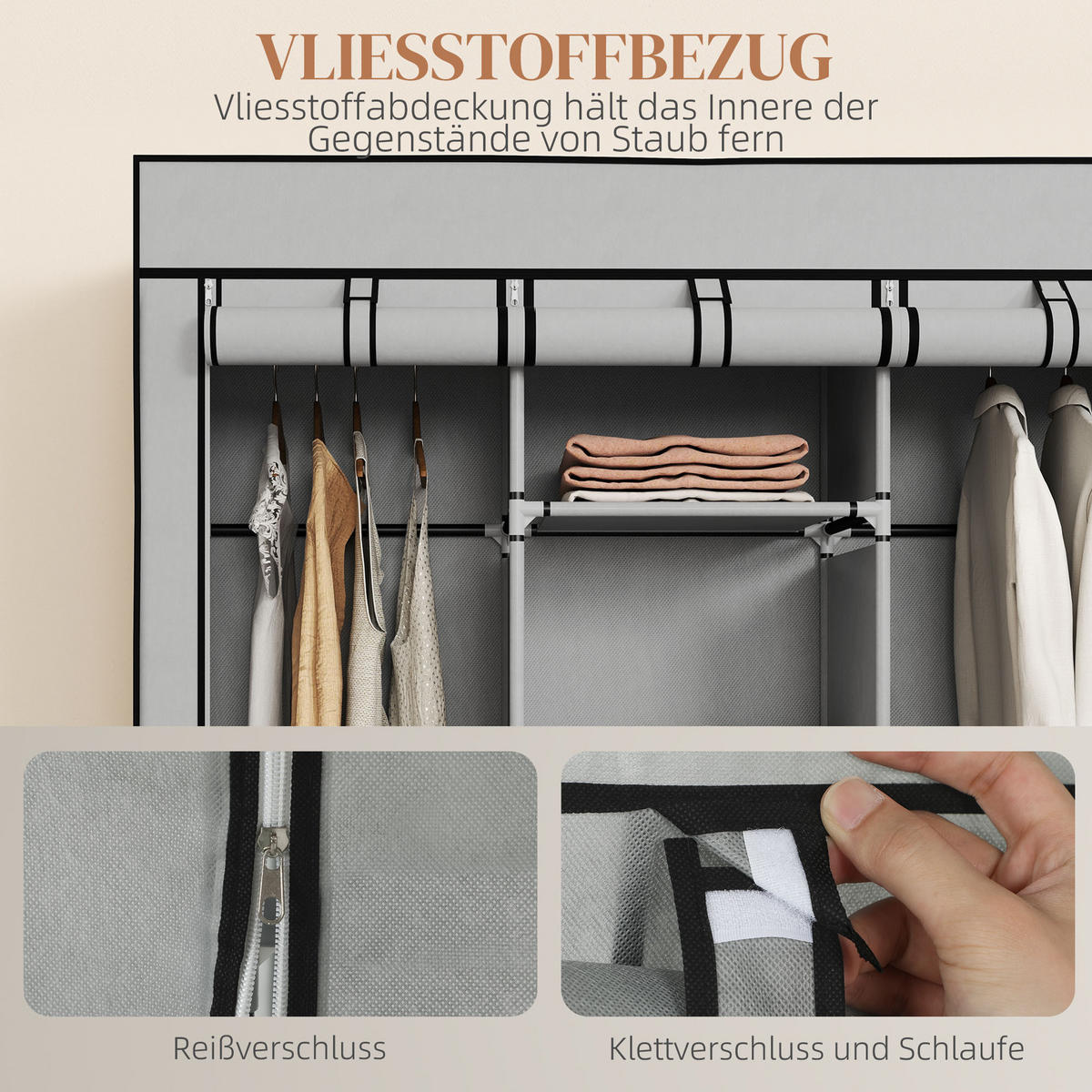 STOFFSCHRANK Faltschrank Kleiderschrank mit Kleiderstangen 8 Ebenen Hellgrau - Hellgrau/Schwarz, Kunststoff/Textil (43/162.5/125cm) - HOMCOM