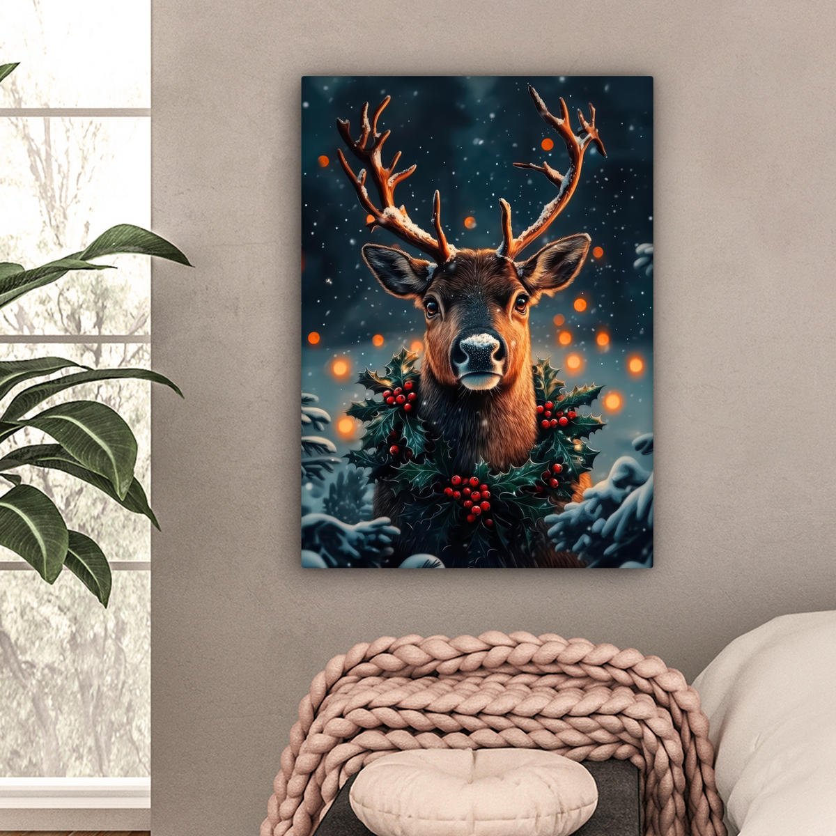 LEINWANDBILD Hirsch - Weihnachten - Winter - Schnee - Weihnachtskranz 60x80 cm - Dunkelbraun, Textil (60/80cm) - MuchoWow