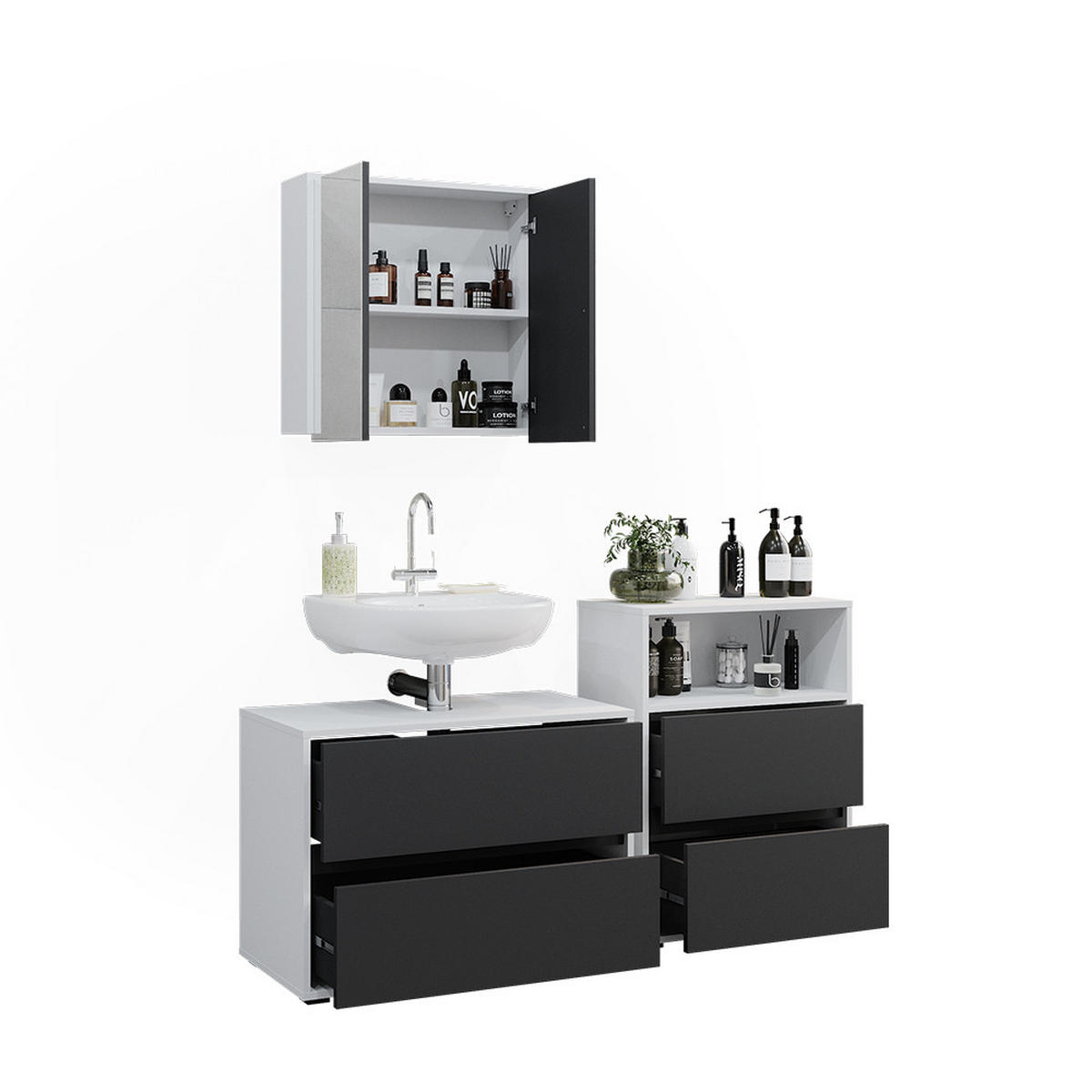 BADEZIMMER-SET Maltin Weiß/Anthrazit 3 Teile - Anthrazit/Weiß, Holzwerkstoff (80/58/40cm) - Vicco